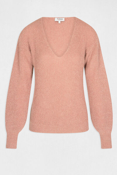 Pull manches longues à col en V rose pale femme
