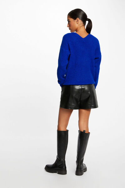 Pull manches longues à col en V bleu electrique femme