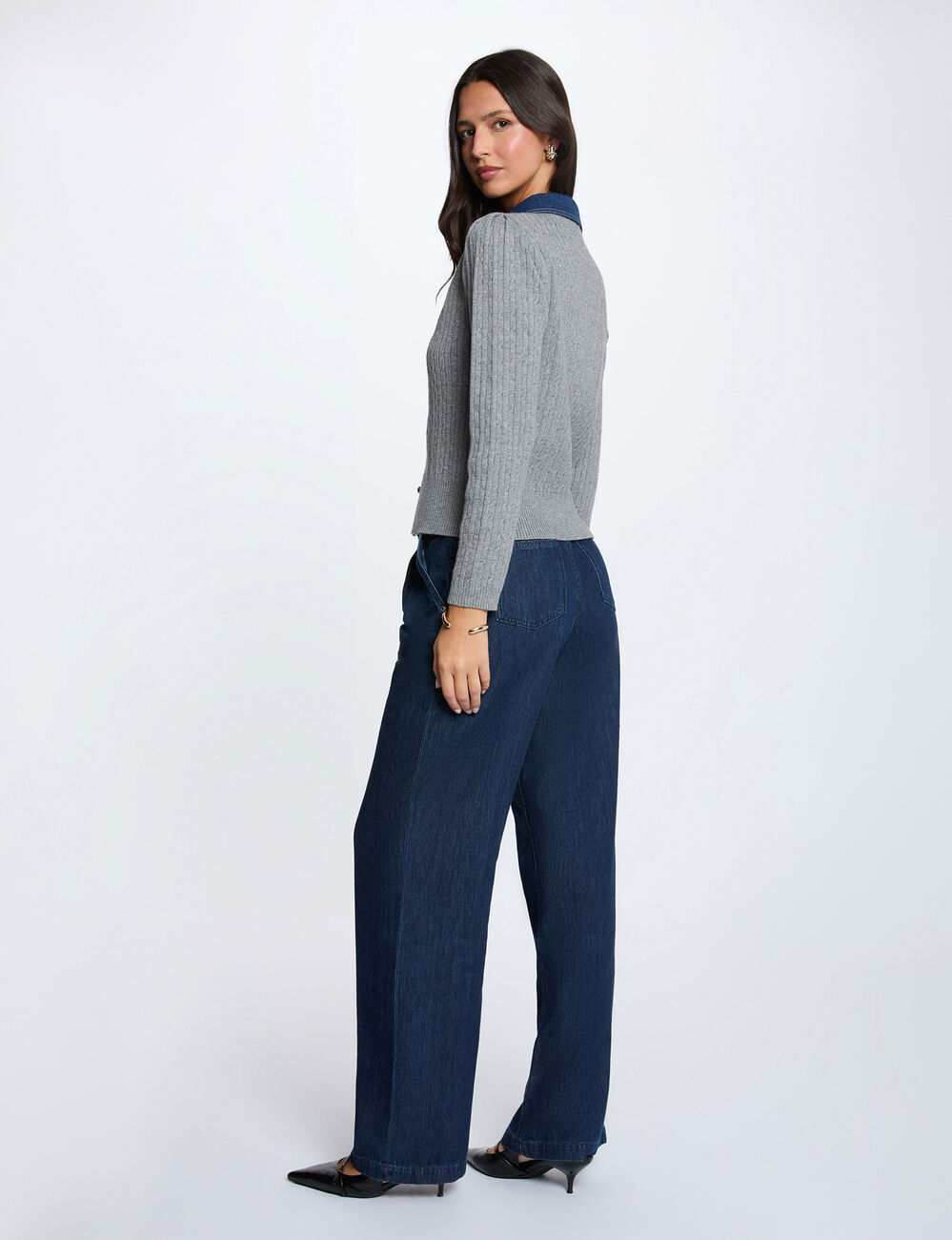 Pull col revers boutons gris clair femme
