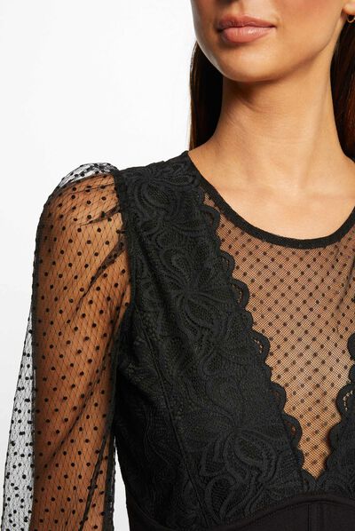 Body manches longues en plumetis noir femme