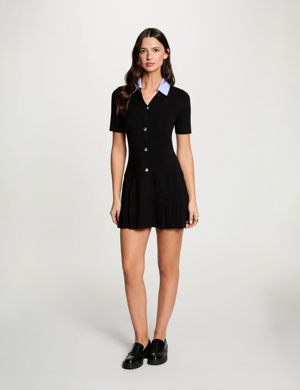 Robe tricot col chemise noir femme