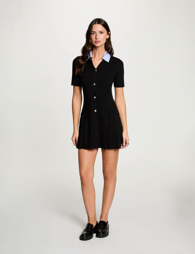 Robe tricot col chemise noir femme