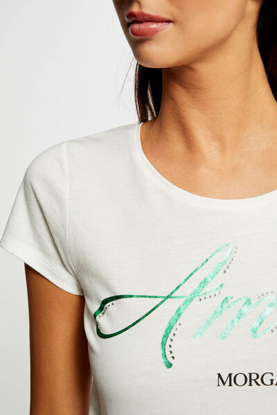 T-shirt manches courtes à inscription ecru femme