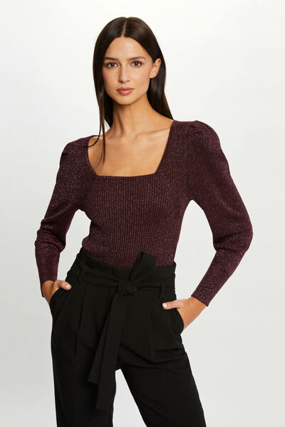 Pull manches longues encolure carrée prune femme