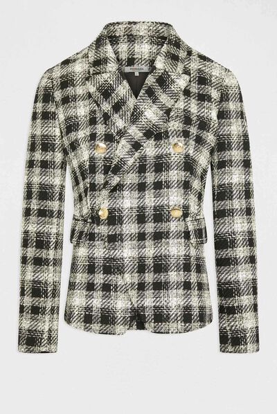 Veste cintrée boutonnée à carreaux noir femme