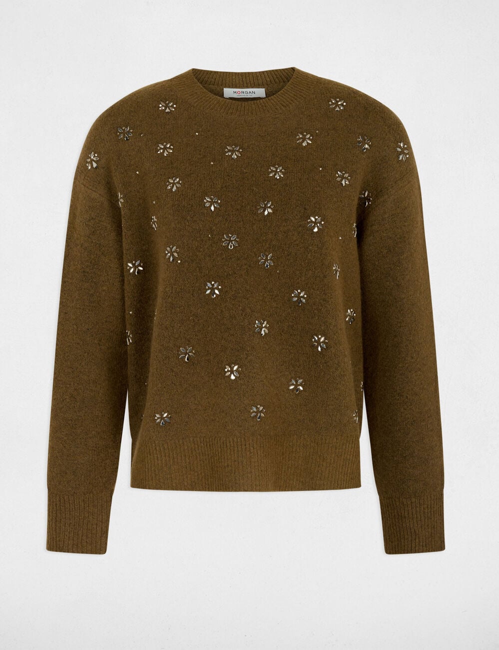 Pull &eacute;pais col rond vert kaki femme