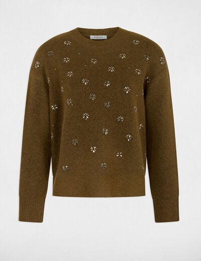 Pull &eacute;pais col rond vert kaki femme
