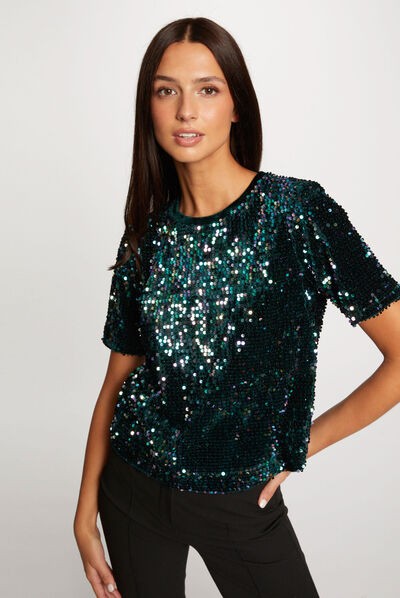 T-shirt manches courtes à sequins vert fonce femme
