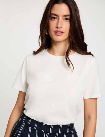 T-shirt brod&eacute; col rond blanc femme