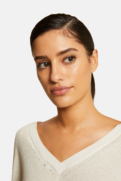 Pull manches longues à col rond ivoire femme