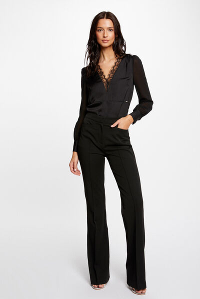 T-shirt manches longues satin à dentelle noir femme
