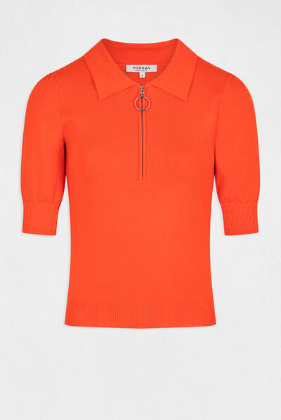 Pull manches courtes à col polo orange femme