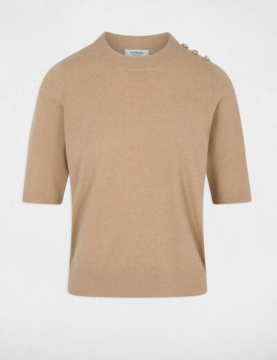 Pull col rond manches courtes beige femme