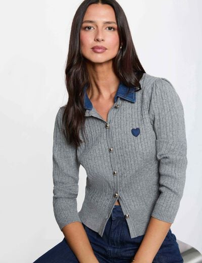 Pull col revers boutons gris clair femme