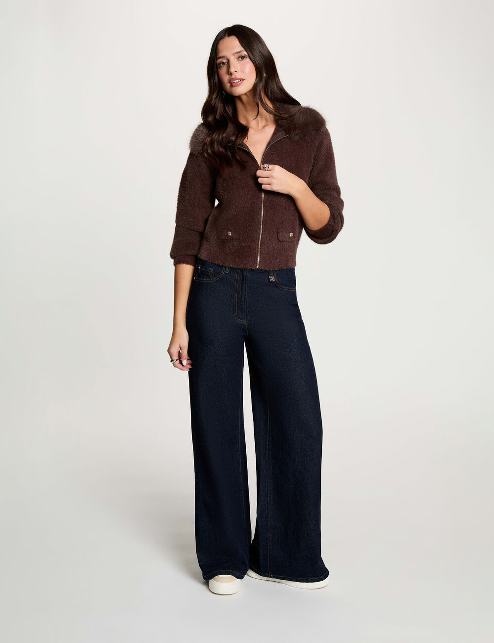 Veste avec col en fourrure marron fonc&eacute; femme
