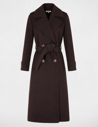 Manteau long ceintur&eacute; marron fonc&eacute; femme