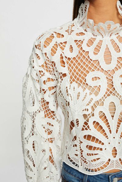Blouse manches longues en dentelle ecru femme