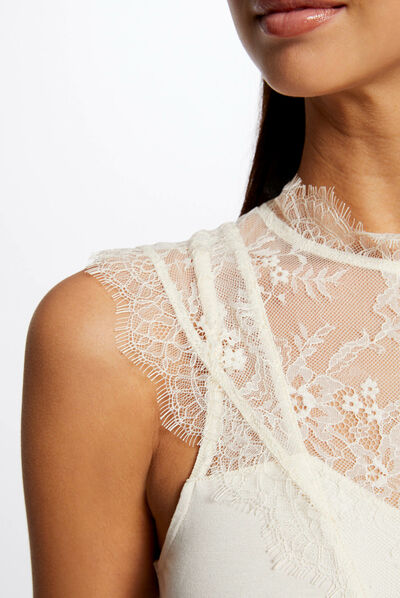 T-shirt manches courtes à dentelle ecru moyen femme
