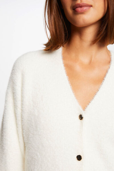 Gilet manches longues avec col en V ivoire femme