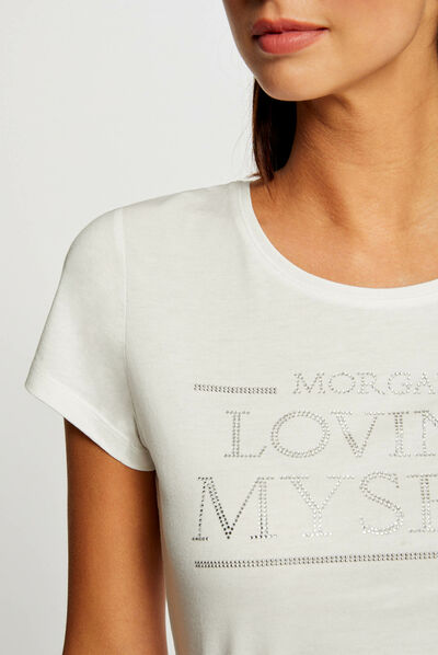 T-shirt manches courtes à inscription ecru femme