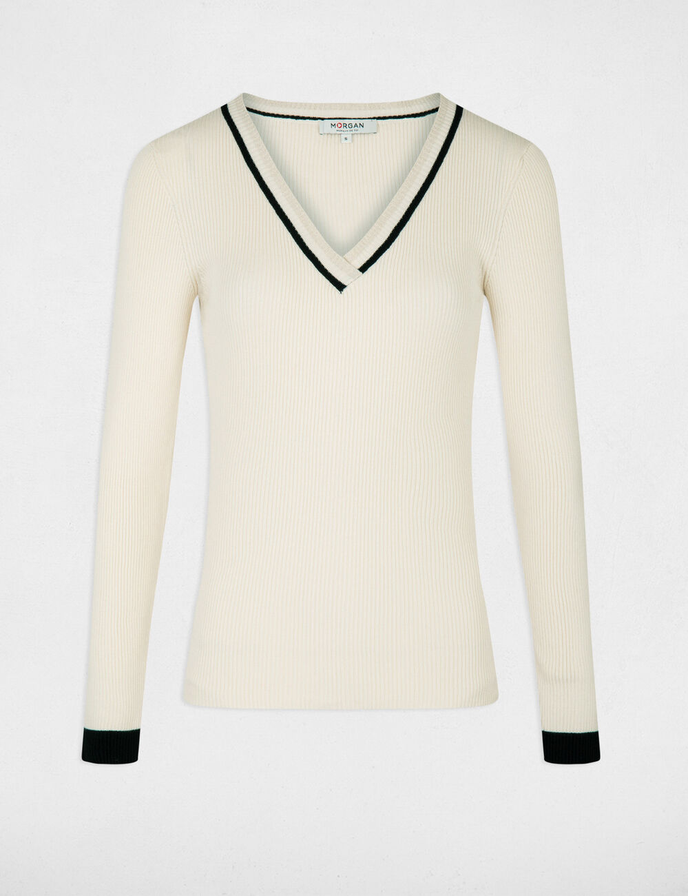 Pull manches longues col en V ivoire femme