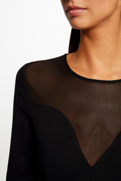 Pull manches longues à col rond noir femme