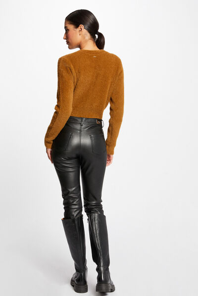 Pull manches longues à col rond caramel femme