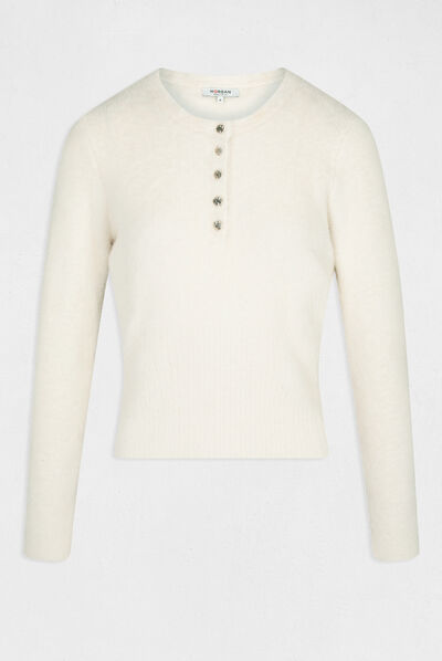 Pull manches longues à col rond ivoire femme