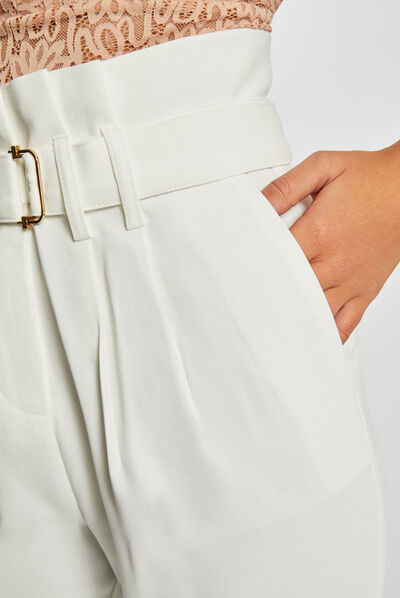 Pantalon paperbag ceinturé ecru femme