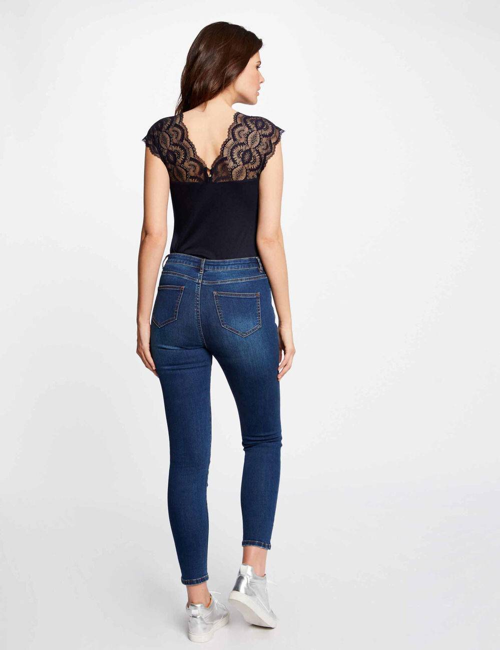 T-shirt manches courtes &agrave; dentelle marine femme
