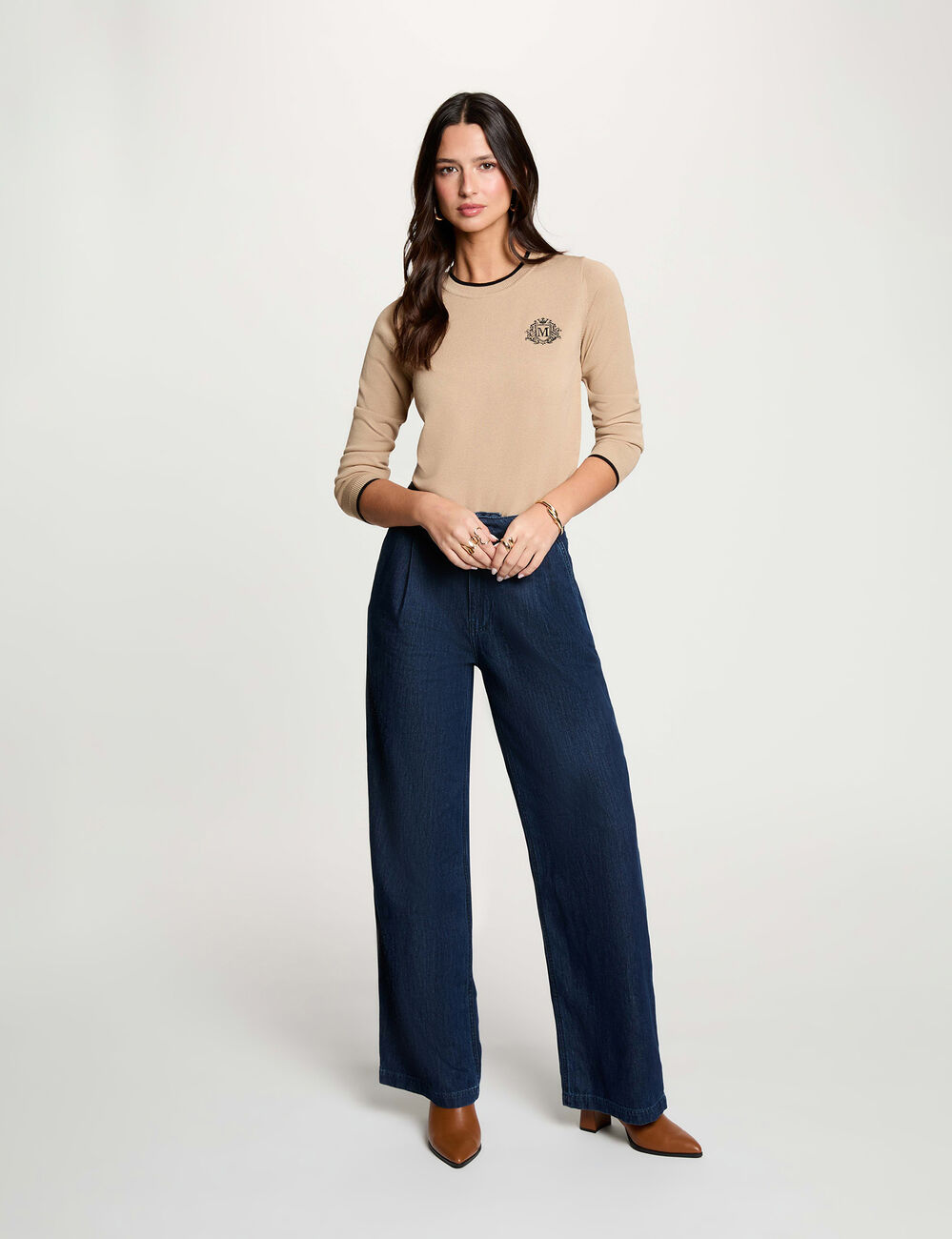 Pull col rond manches longues beige femme