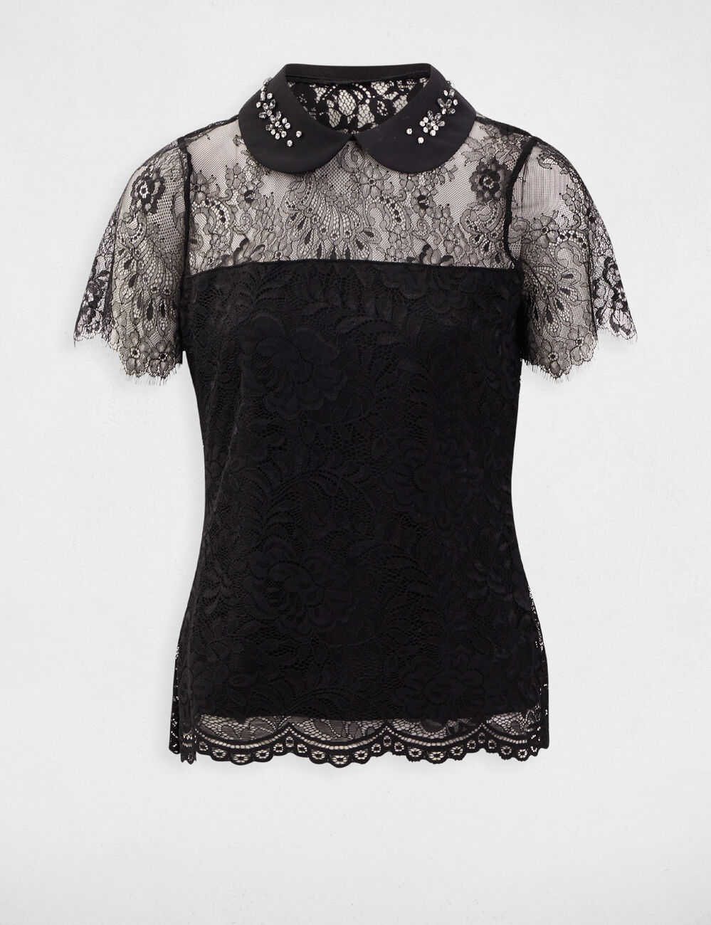 Blouse manches courtes dentelle fente noir femme