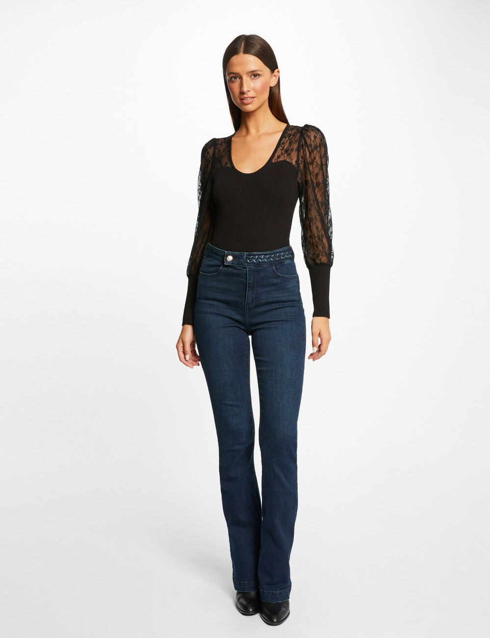 Pull manches longues en dentelle noir femme