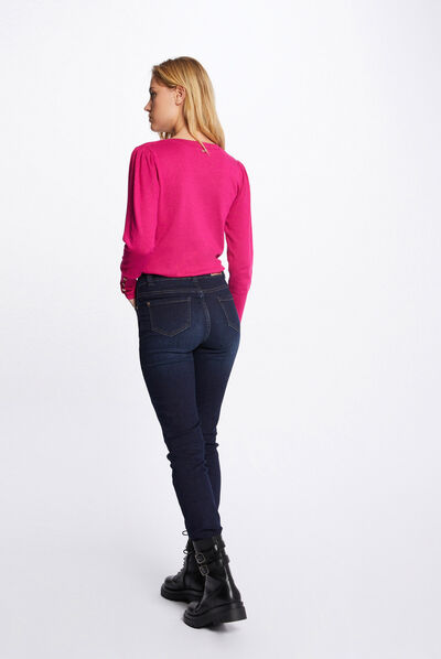 Pull manches longues avec col en V rose fonce femme
