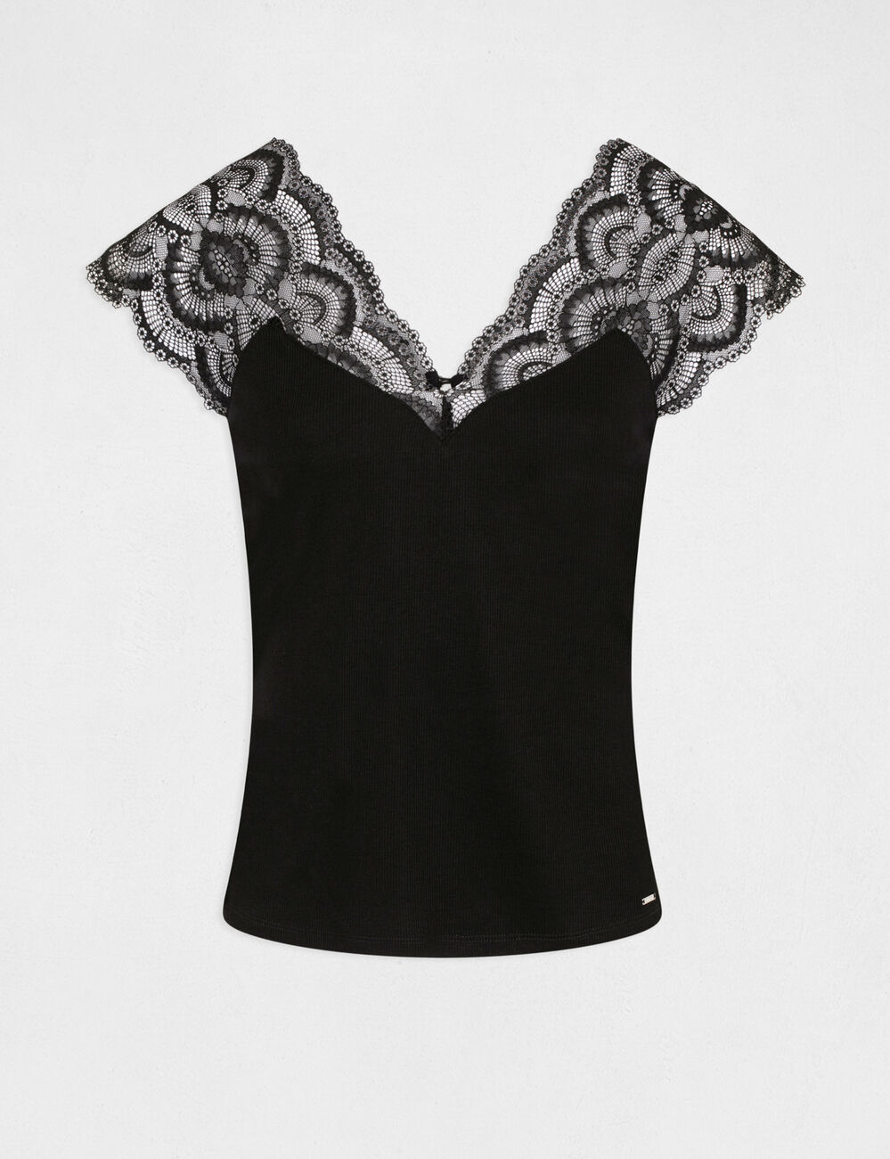 T-shirt manches courtes &agrave; dentelle noir femme