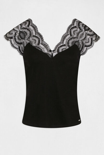 T-shirt manches courtes à dentelle noir femme