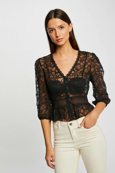 T-shirt manches 3/4 en dentelle noir femme