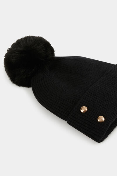 Bonnet avec boutons et pompon noir femme