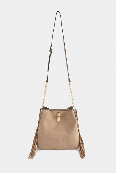 Sac seau à franges aspect python beige femme