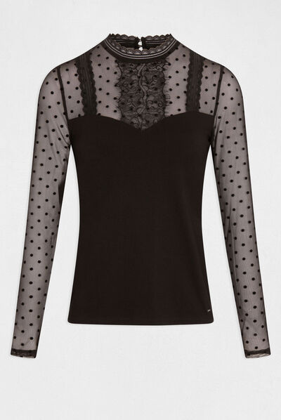 T-shirt manches longues à plumetis noir femme
