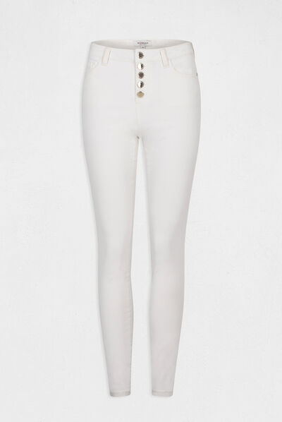Jeans slim taille haute boutonné ecru femme