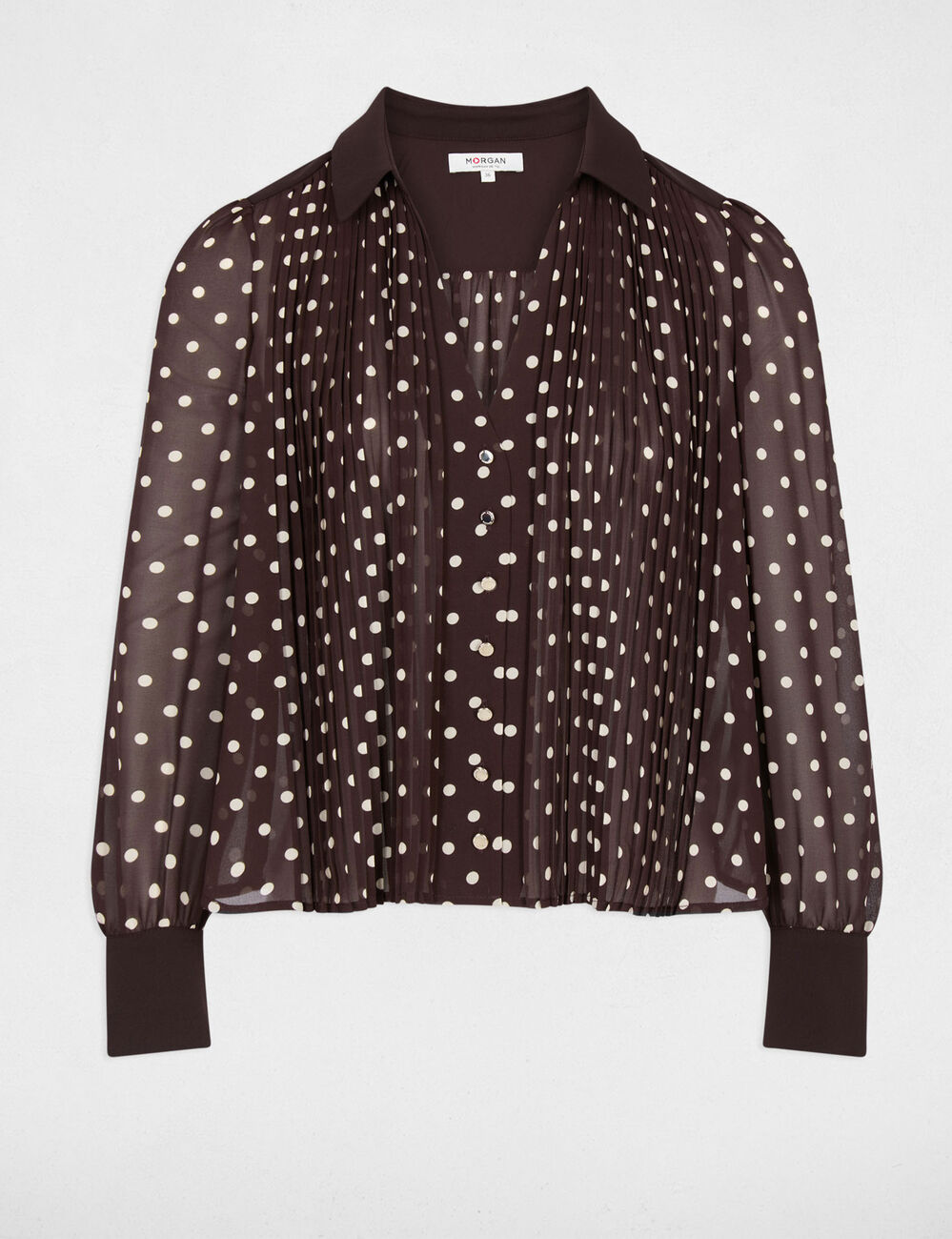 Chemise manches longues &agrave; pois marron fonc&eacute; femme