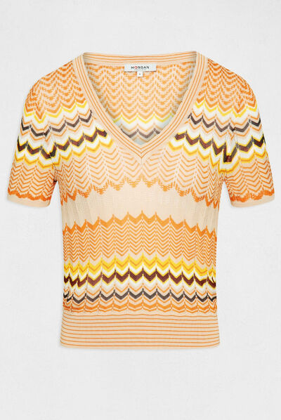 Pull manches courtes imprimé chevron orange femme