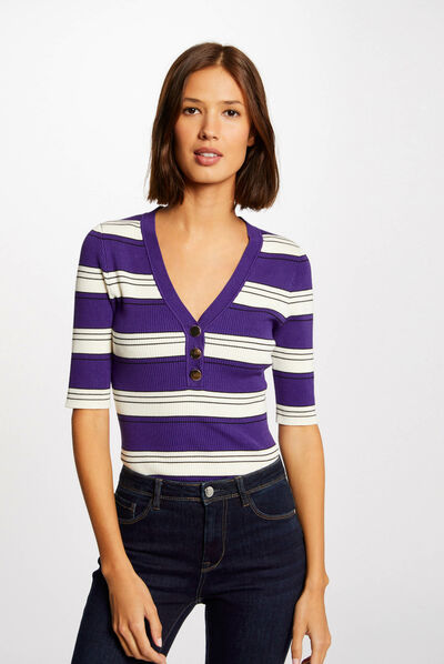 Pull manches courtes à rayures violet femme