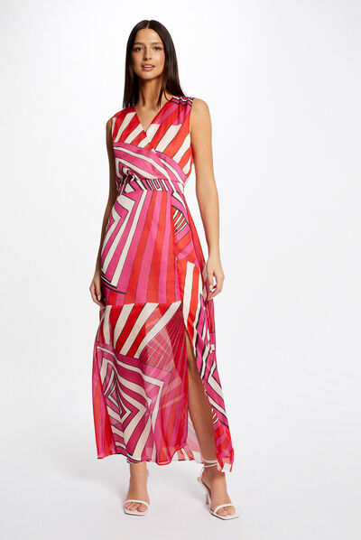 Robe longue cintrée imprimé géométrique multico femme