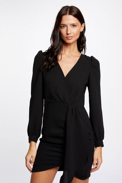 Robe ajustée drapée manches longues noir femme