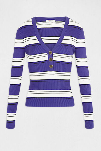 Pull manches longues à rayures violet femme