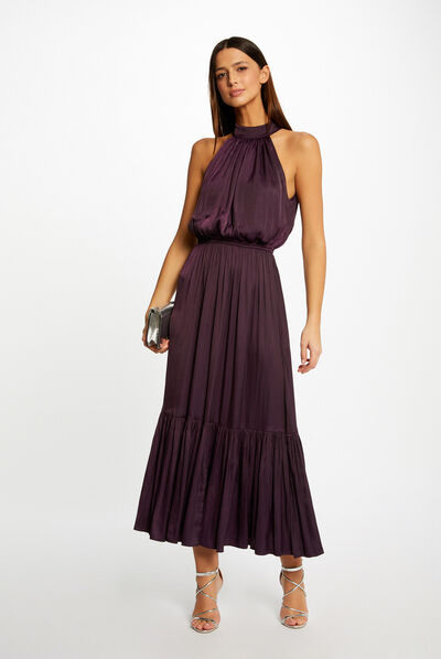 Robe longue &eacute;vas&eacute;e fluide prune femme