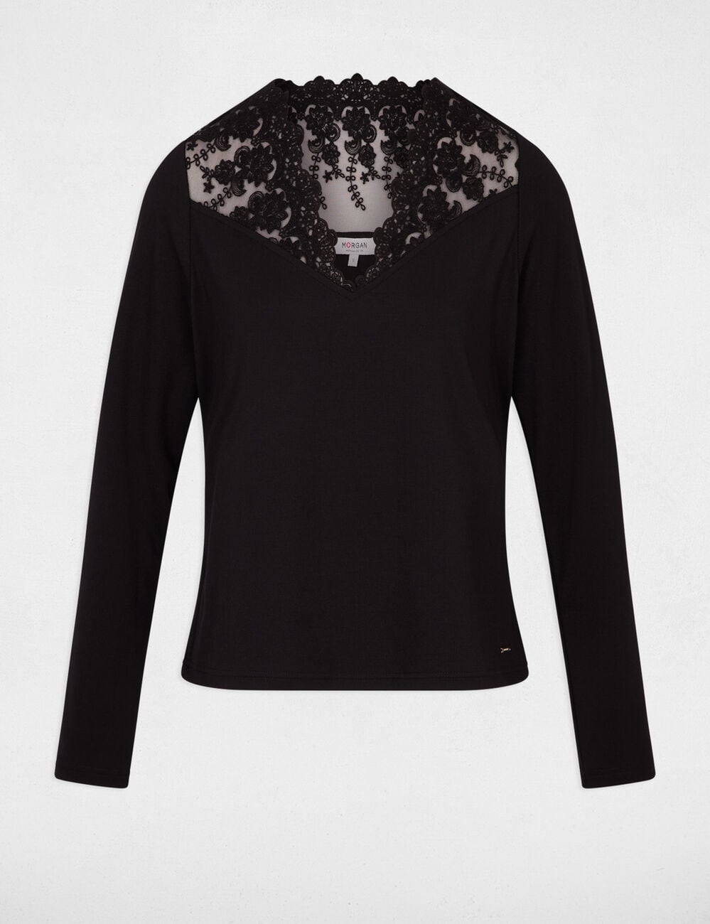 T-shirt col v dentelle noir femme