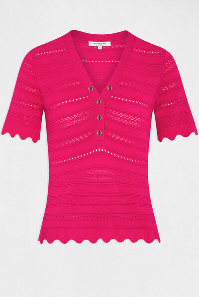 Pull manches courtes détails ajourés rose fonce femme